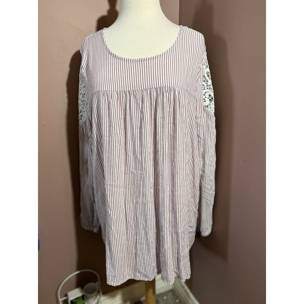 Lane Bryant Long Sleeve Pull Over Top Womens Plus 22/24 Lace Insert Pink White - Picture 1 of 9